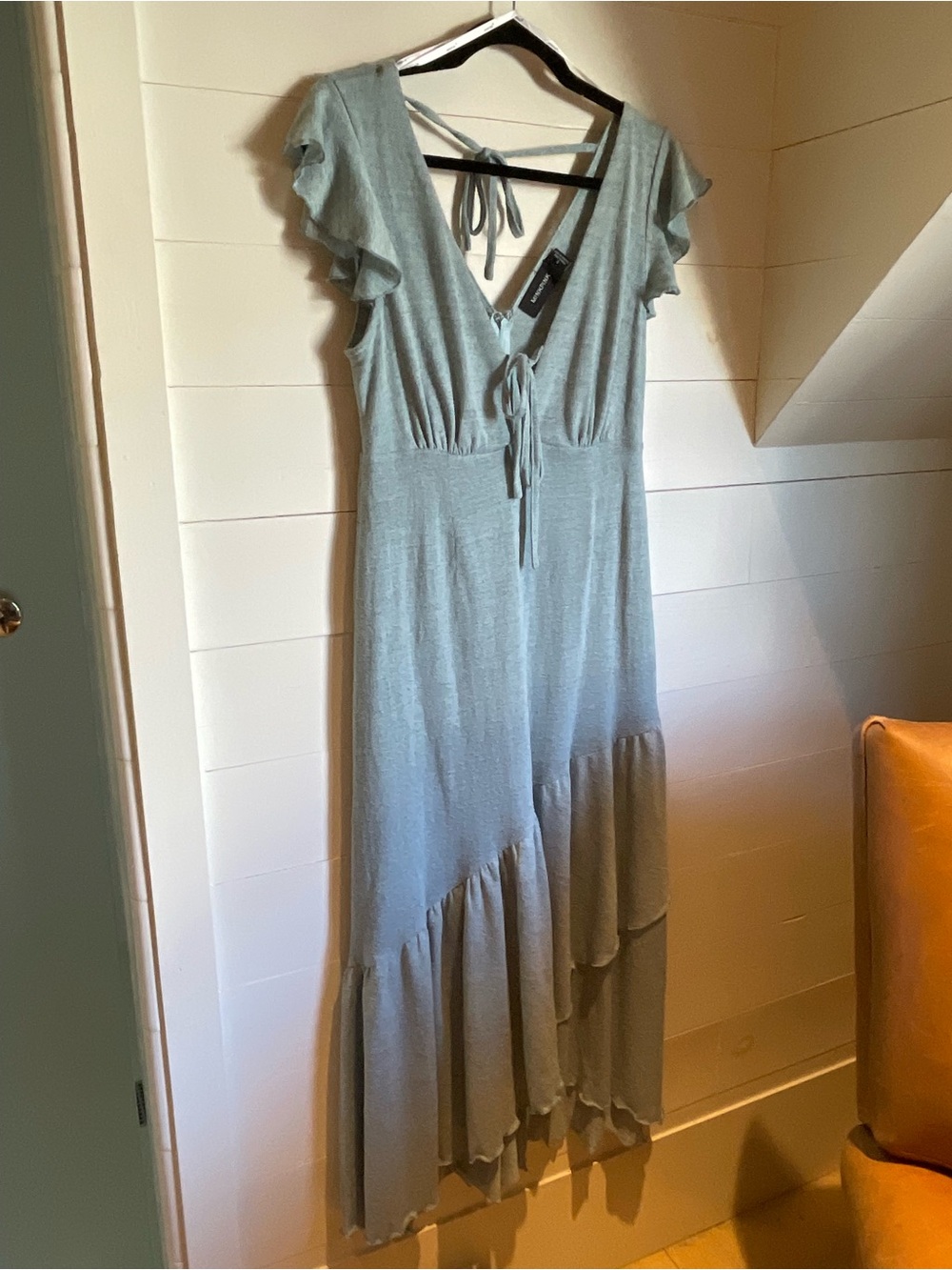 MINKPINK Sage Green Ruffle-Trim Tie-Front Maxi Dress